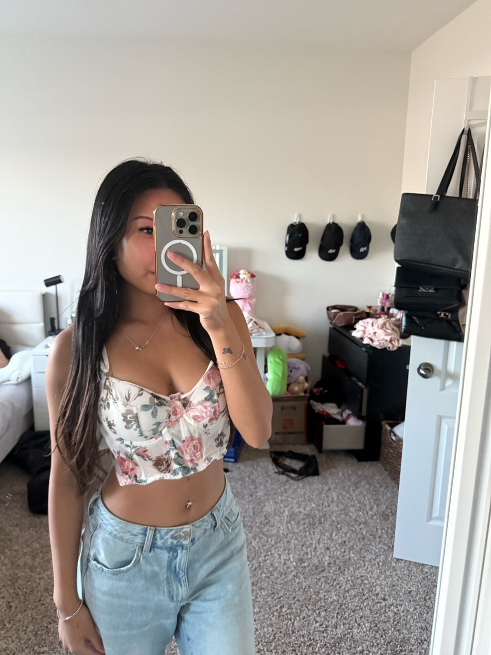 Floral sheer corset cropped top